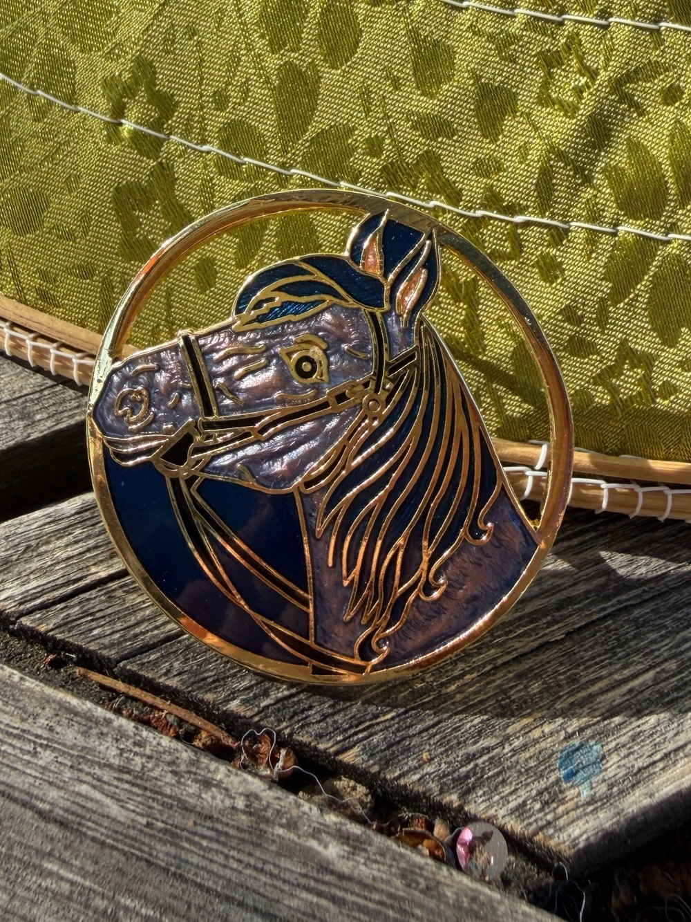 Vintage Cloisonné Horse Pendant Enamel Gold Tone Equestrian Jewelry
